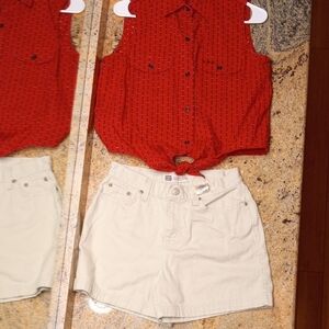 Bundled Outfit Ralph Lauren Red Blouse And Faded Glory Cream Shorts.
